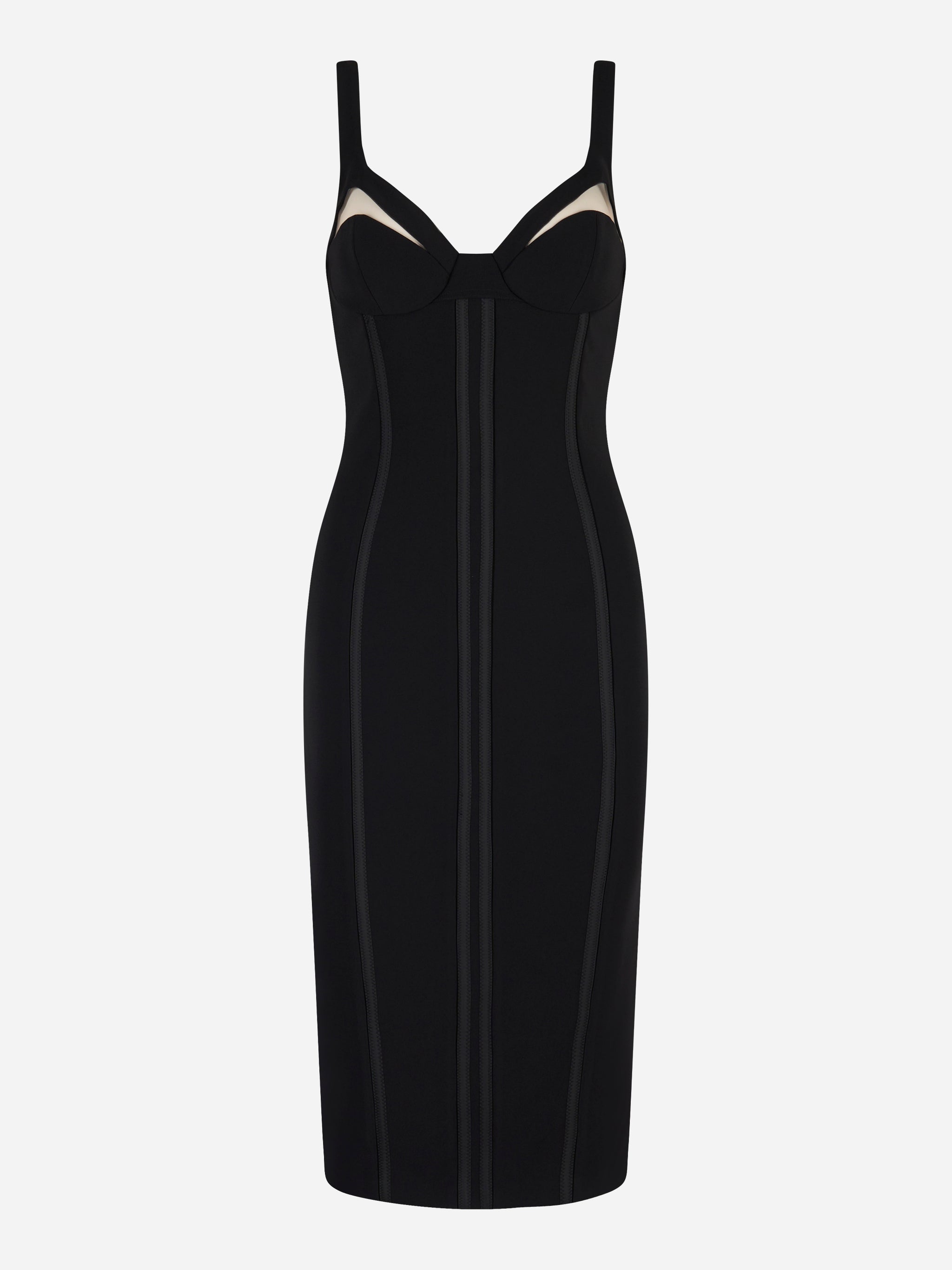 Abito midi nero Elisabetta Franchi in crêpe leggero con inserti in tulle trasparente