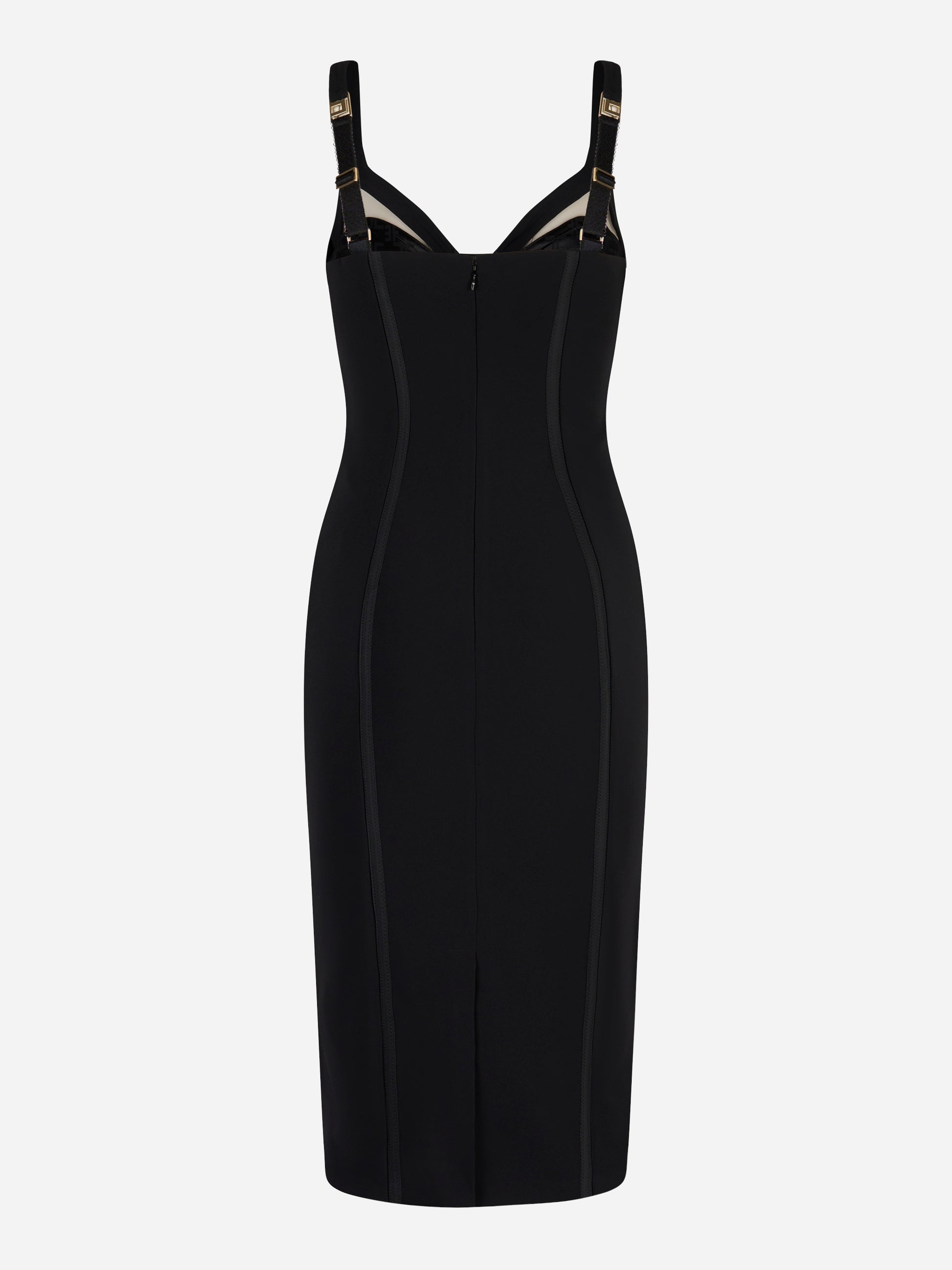 Abito midi nero Elisabetta Franchi in crêpe leggero con inserti in tulle trasparente