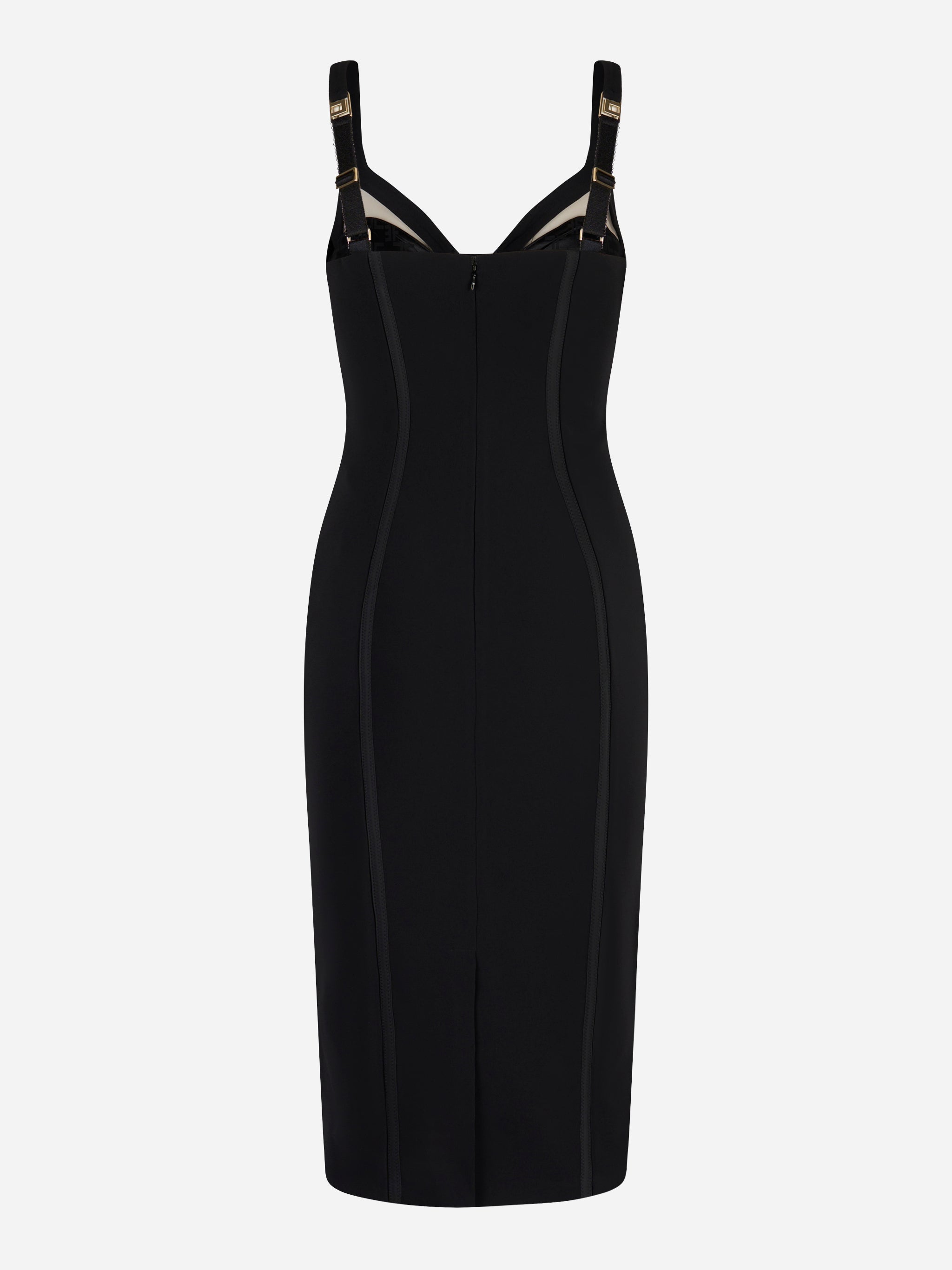 Abito midi nero Elisabetta Franchi in crêpe leggero con inserti in tulle trasparente