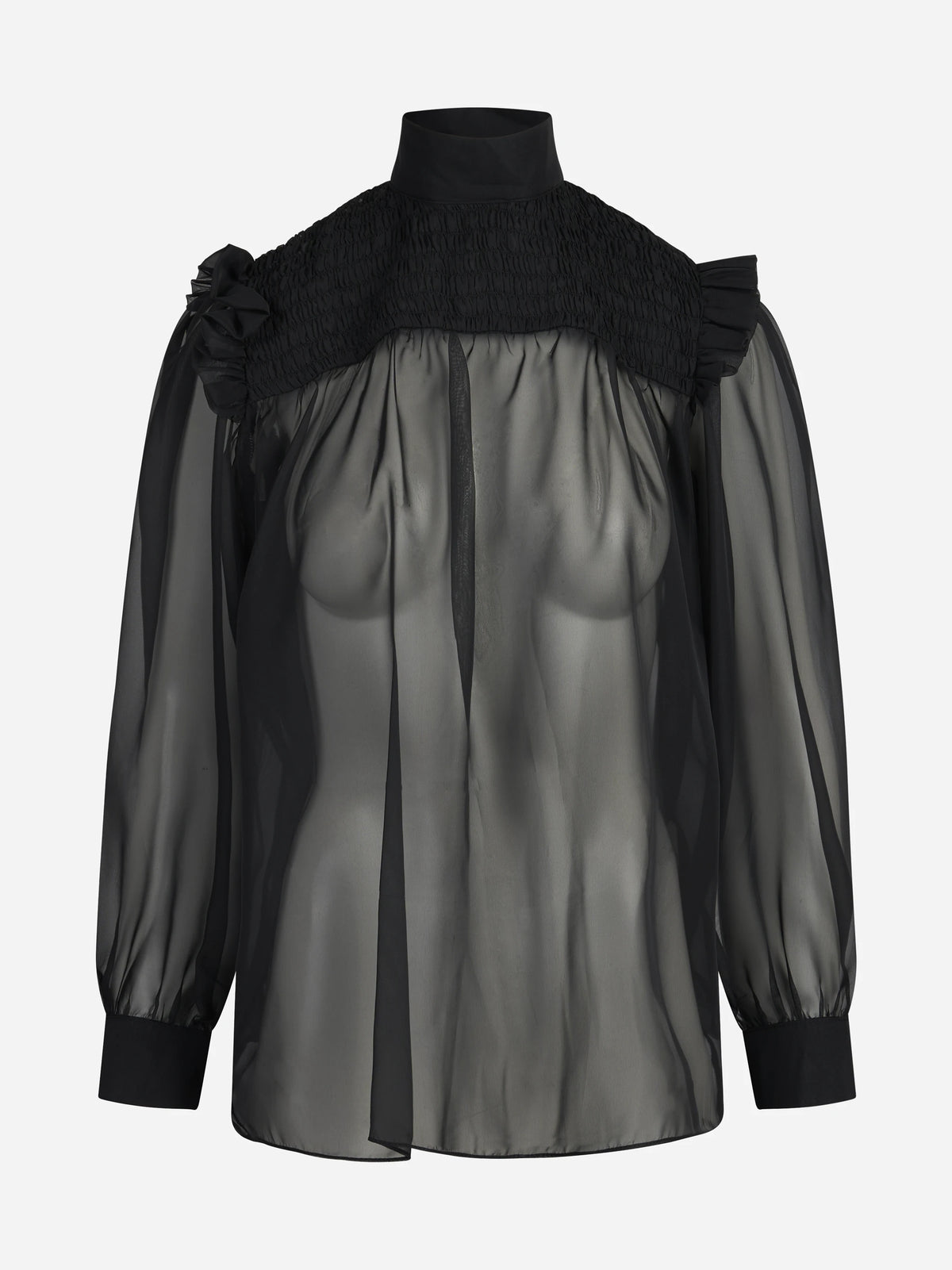 Camicia trasparente con spalle arricciate nera - vista frontale