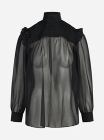 Camicia trasparente con spalle arricciate nera - vista frontale
