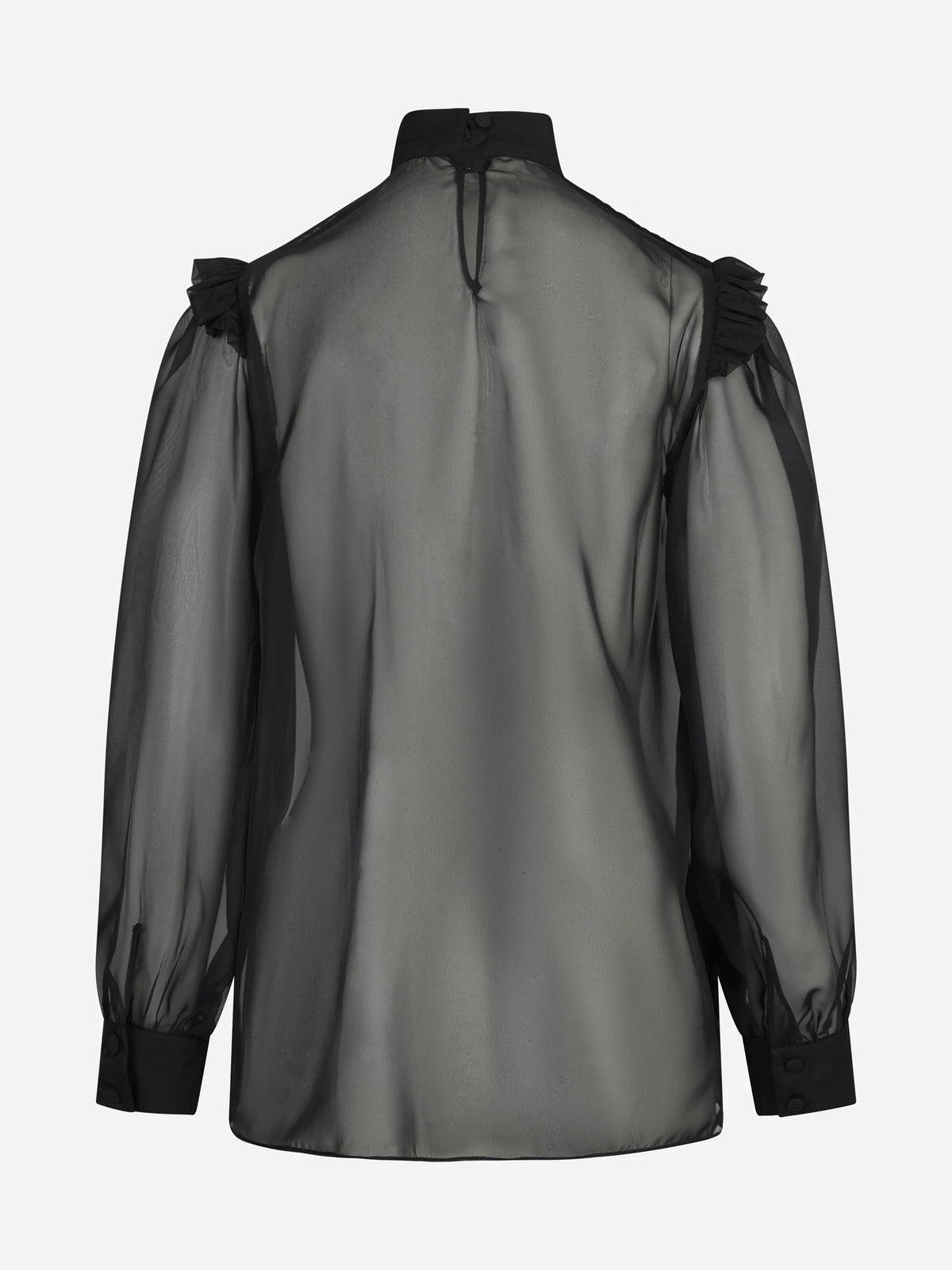 Camicia trasparente con spalle arricciate nera - vista posteriore