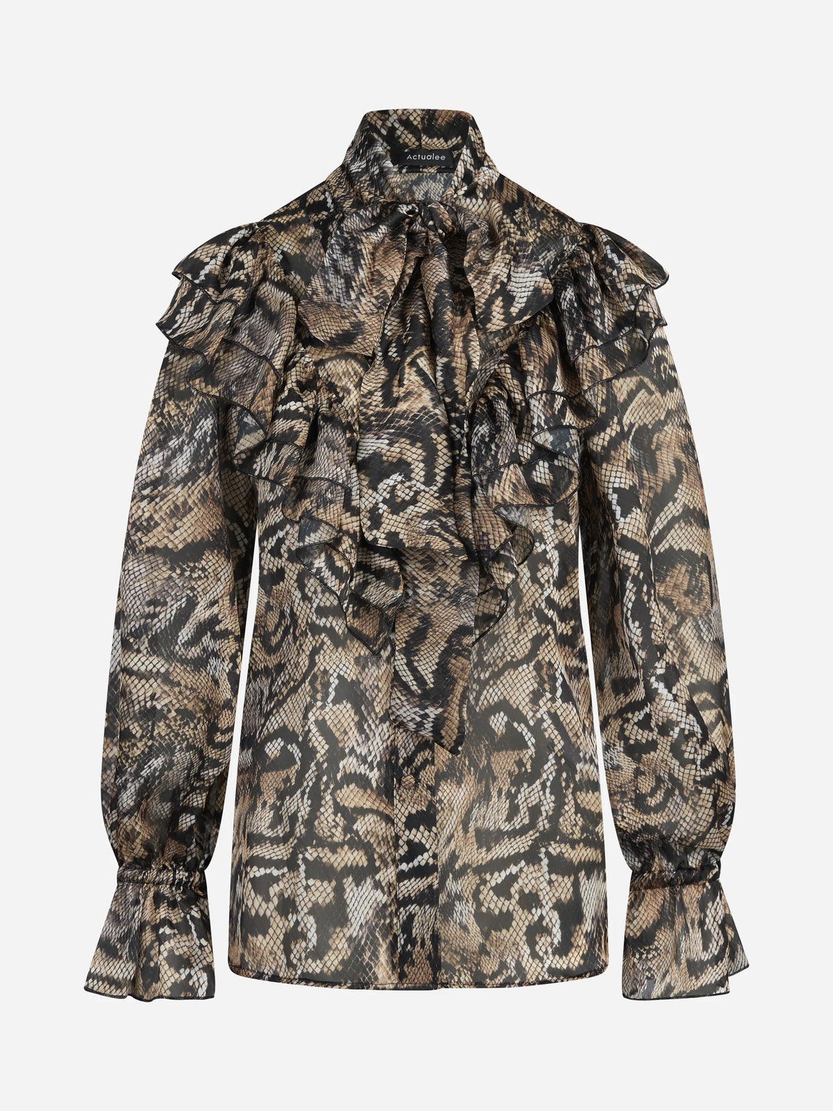 Camicia con stampa pitonata e volant - vista frontale