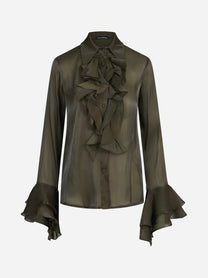 Camicia con volant frontale verde kaki - vista frontale