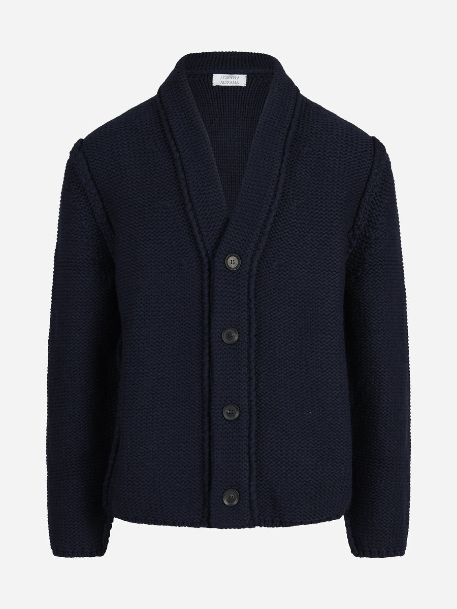 Cardigan in cashmere con collo sciallato blu - vista frontale