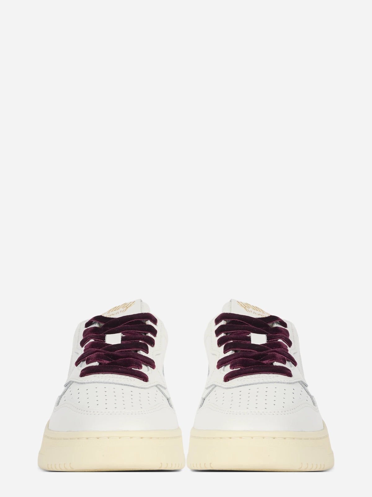 Sneaker Medalist Low in pelle bianca e velluto bordeaux - vista frontale