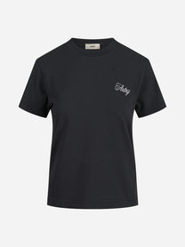T-shirt in cotone con logo ricamato nero - vista frontale