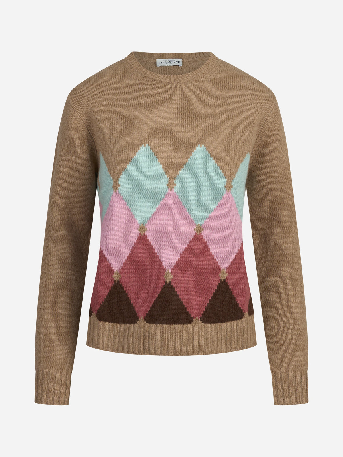 Maglia girocollo argyle in cashmere beige - vista frontale