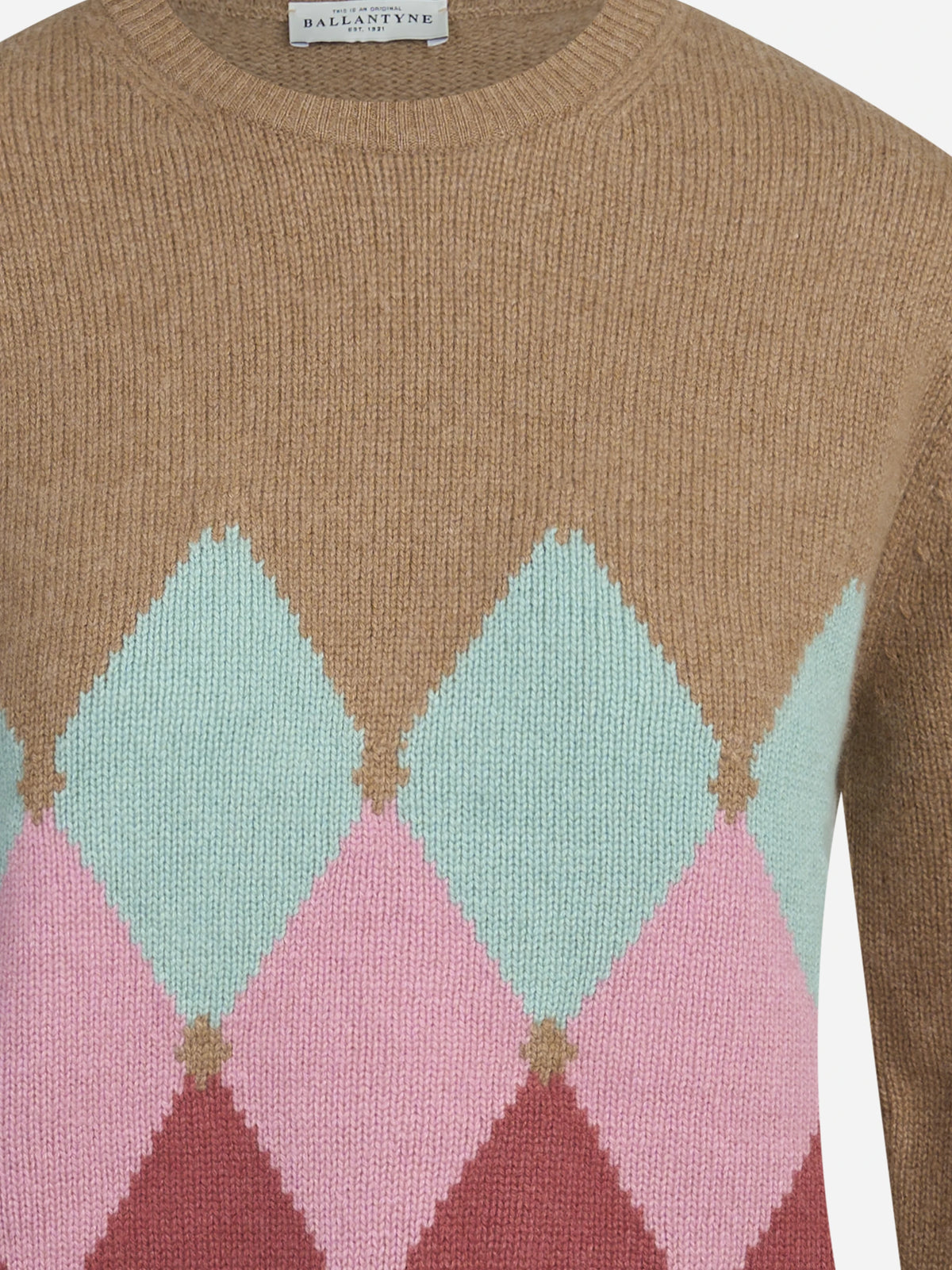Maglia girocollo argyle in cashmere beige - dettaglio del prodotto
