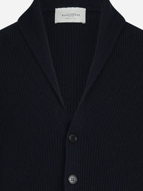 Cardigan a coste con collo a scialle blu - dettaglio