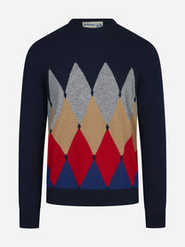 Maglia girocollo in cashmere a rombi blu - vista frontale