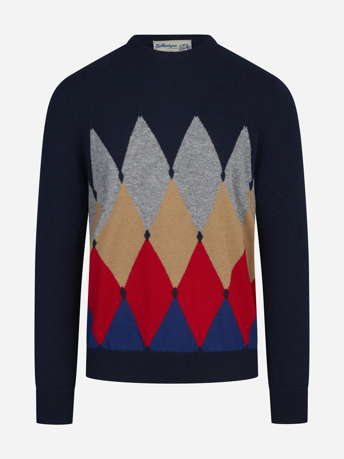 Maglia girocollo in cashmere a rombi blu - vista frontale