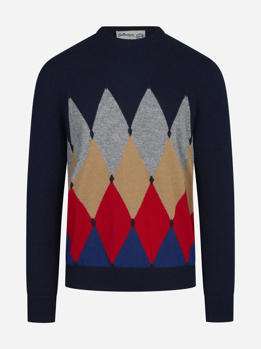 Maglia girocollo in cashmere a rombi blu - vista frontale