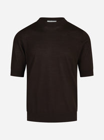 Maglia a maniche corte in lana finezza 16 marrone - vista frontale
