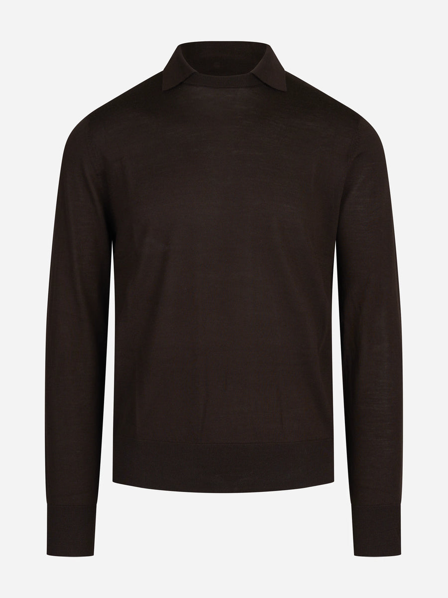 Maglia in lana con colletto finezza 16 marrone - vista frontale