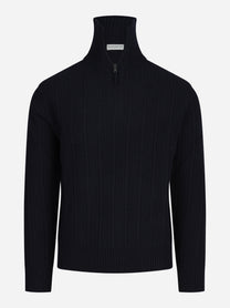 Polo in lana a coste con mezza zip blu - vista frontale