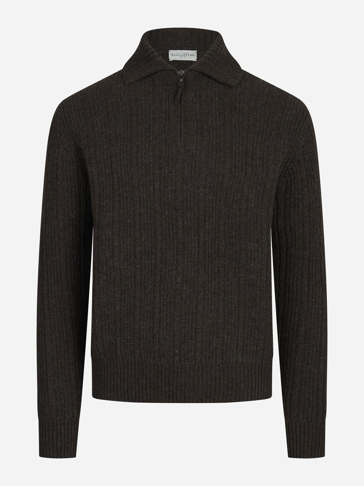 Polo in lana a coste con mezza zip marrone - vista frontale