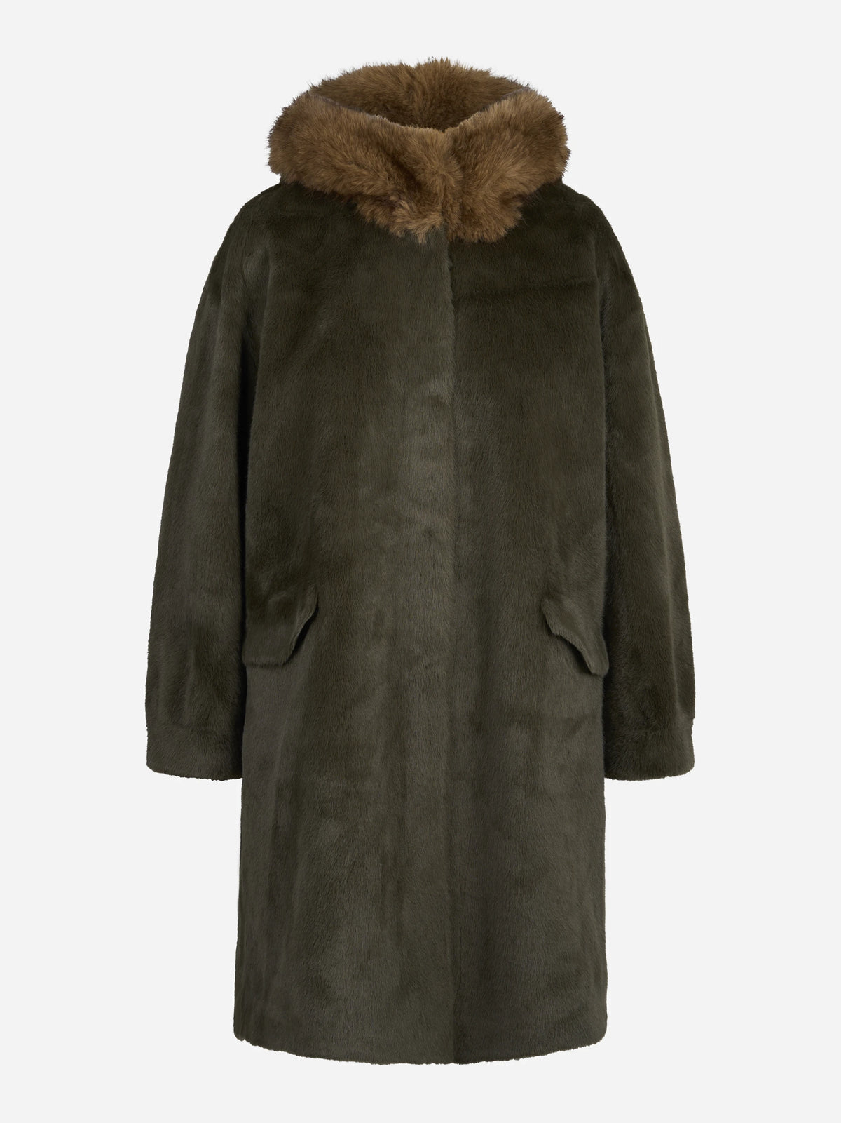 Parka lungo in pelliccia sintetica con cappuccio verde - vista frontale