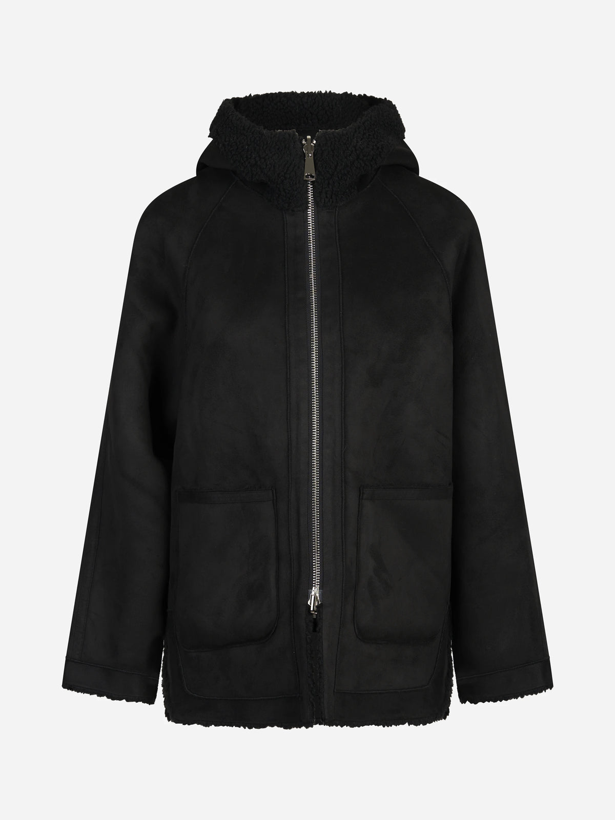Giacca reversibile con cappuccio e tasche nera - vista frontale, lato liscio