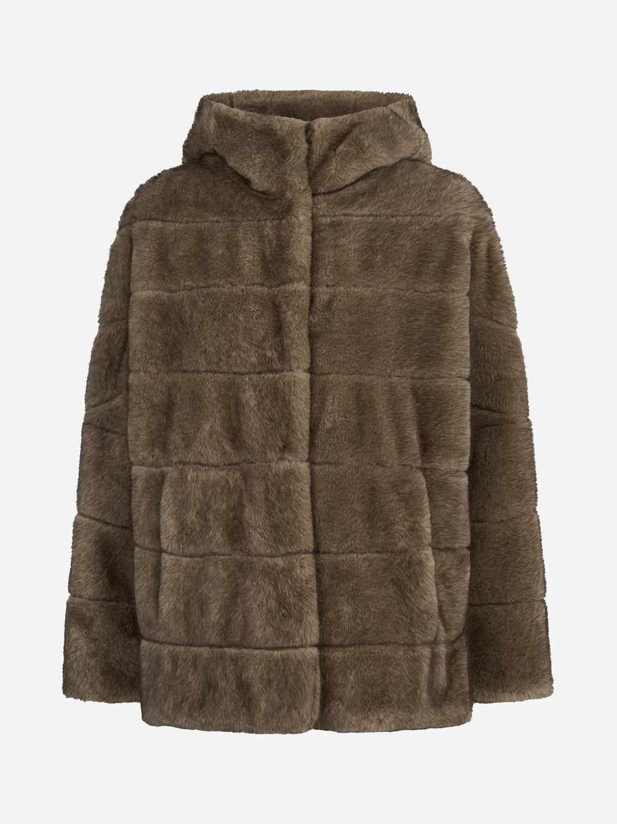 Giacca in pelliccia sintetica con maniche a pipistrello beige - vista frontale