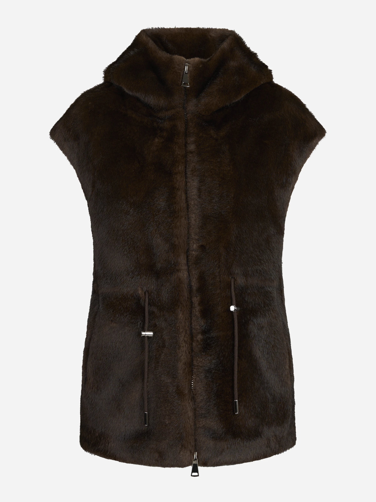 Gilet in pelliccia sintetica con cappuccio marrone - vista frontale