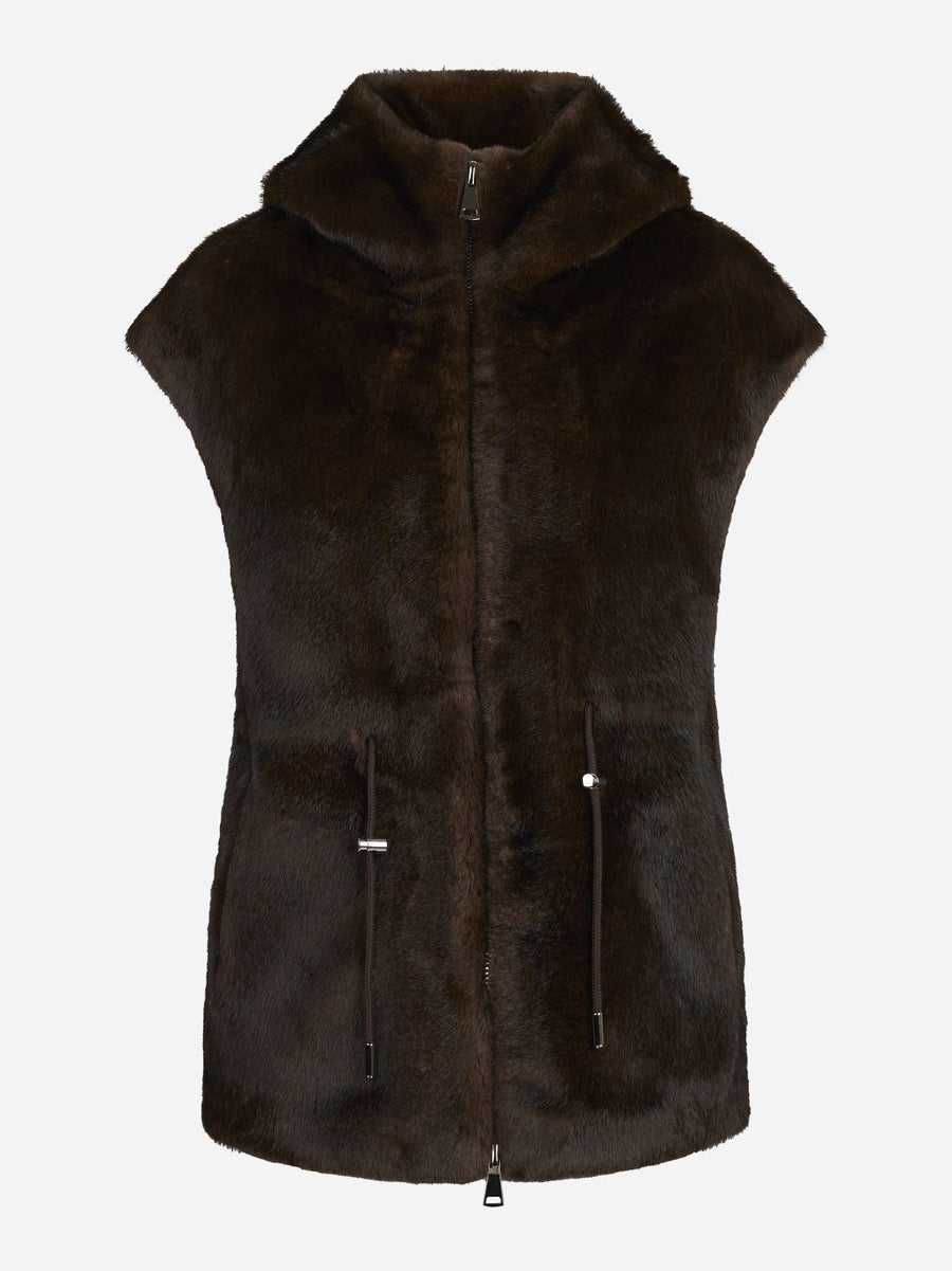 Gilet in pelliccia sintetica con cappuccio marrone - vista frontale