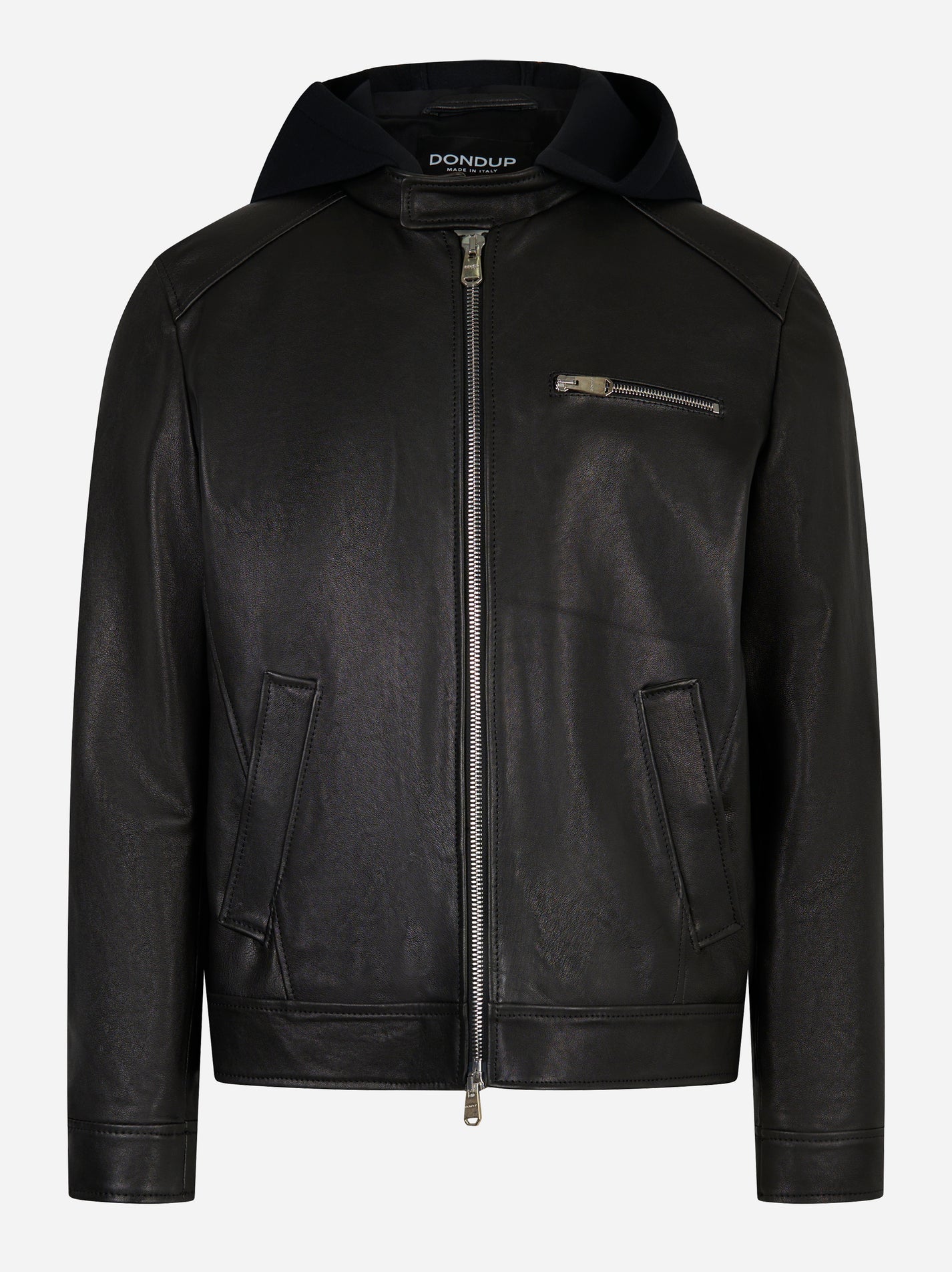 Biker slim in pelle nera con cappuccio Dondup - fronte