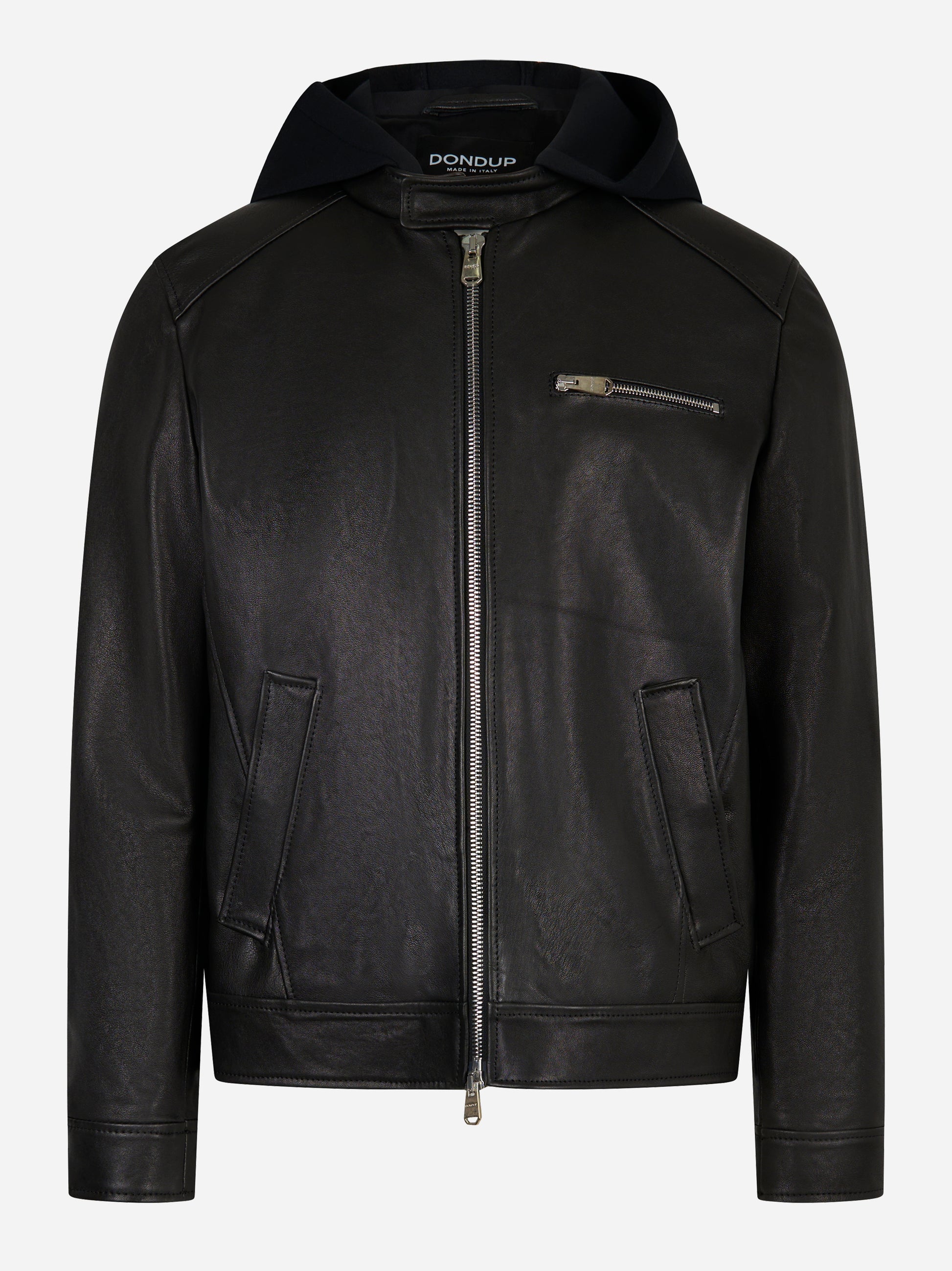 Biker slim in pelle nera con cappuccio Dondup - fronte