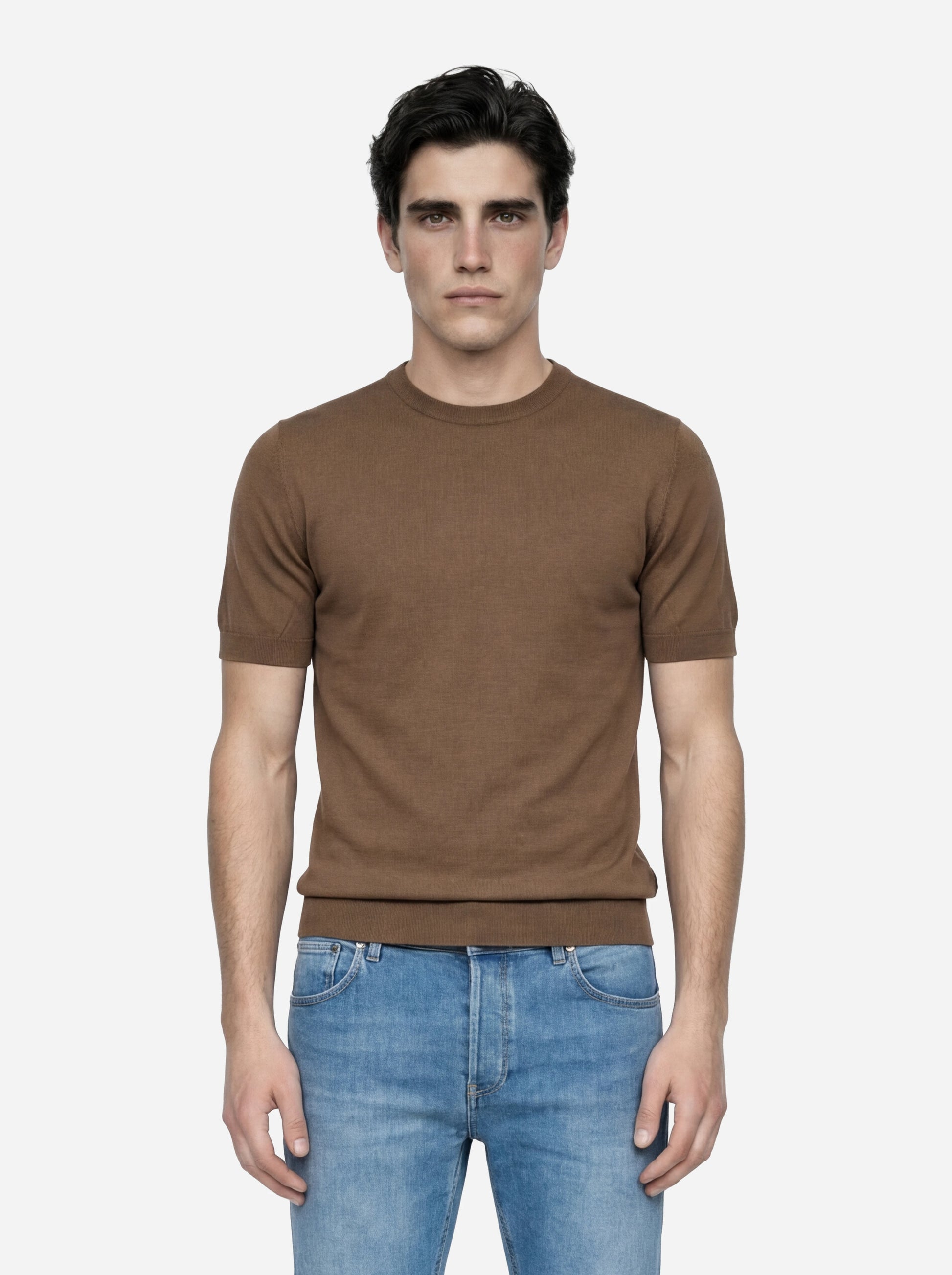 Maglia girocollo manica corta in cotone marrone