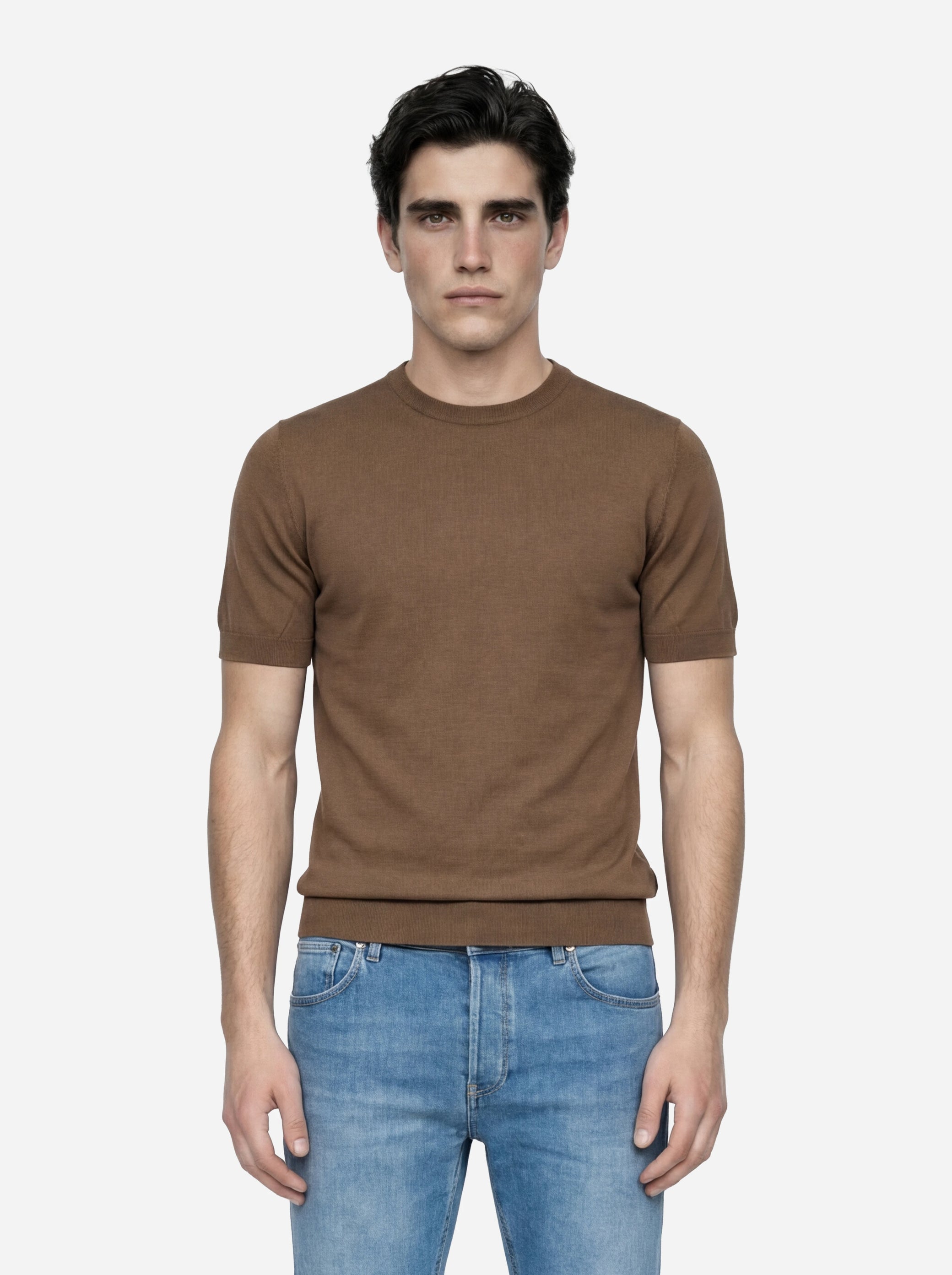 Maglia girocollo manica corta in cotone marrone