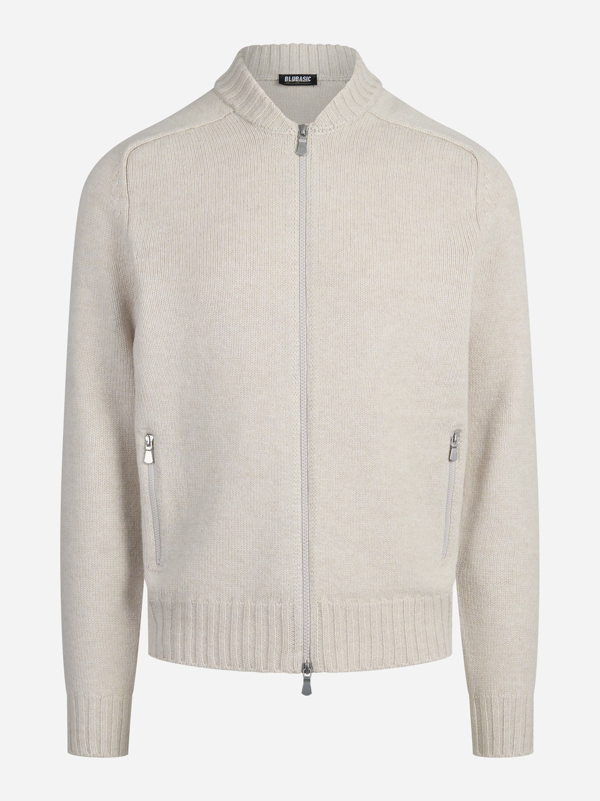 Cardigan con zip in lana vergine beige - vista frontale