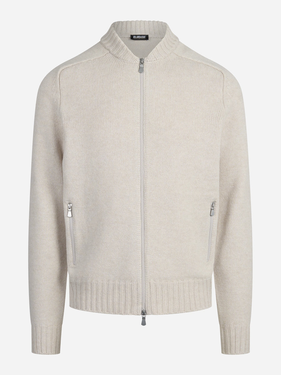 Cardigan con zip in lana vergine beige - vista frontale
