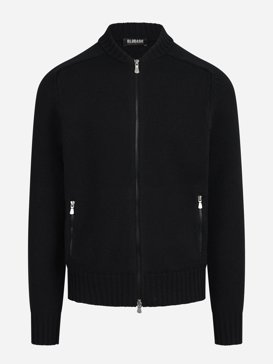 Cardigan con zip in lana vergine nero - vista frontale
