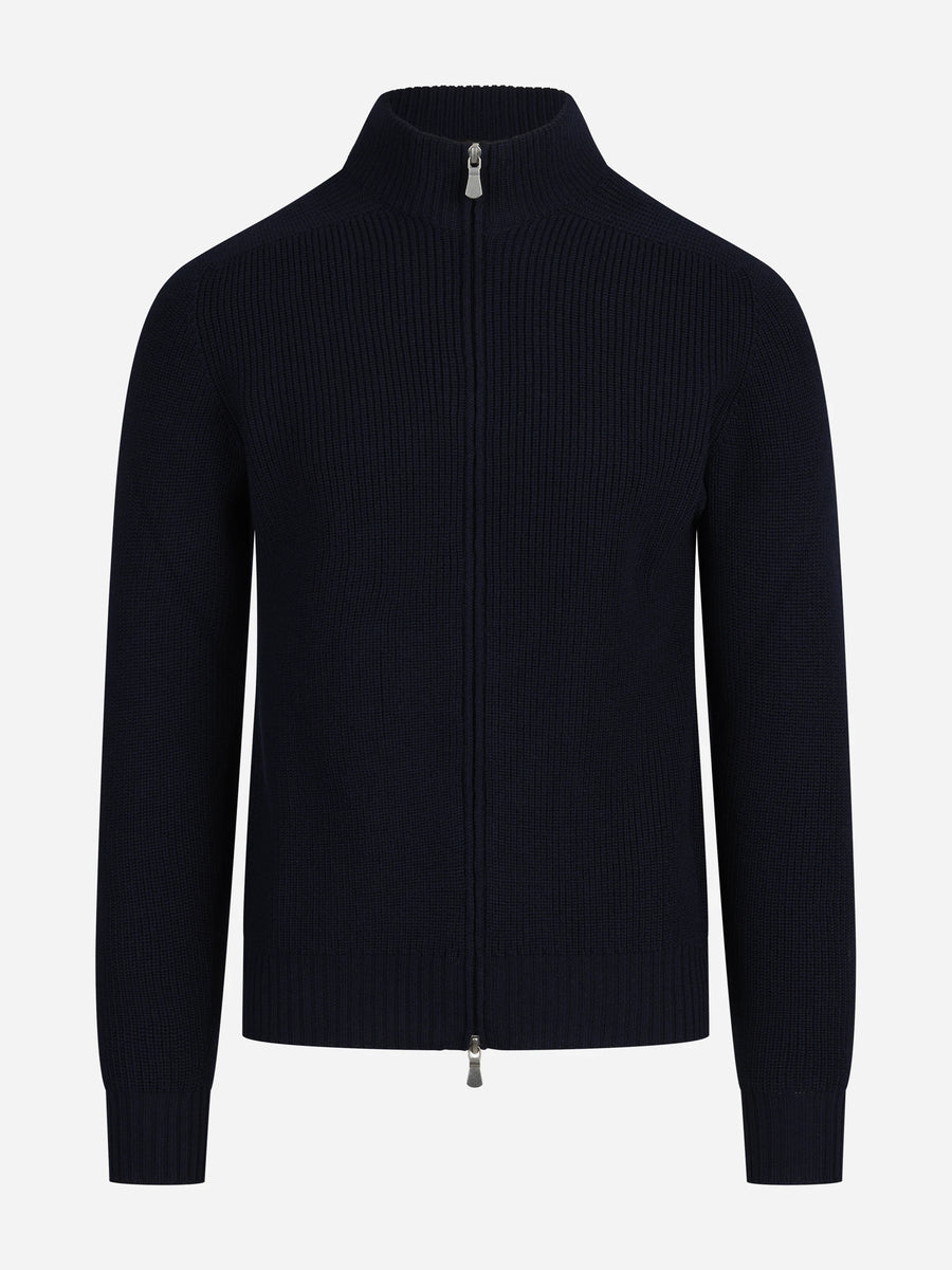 Cardigan con zip in lana vergine blu - vista frontale