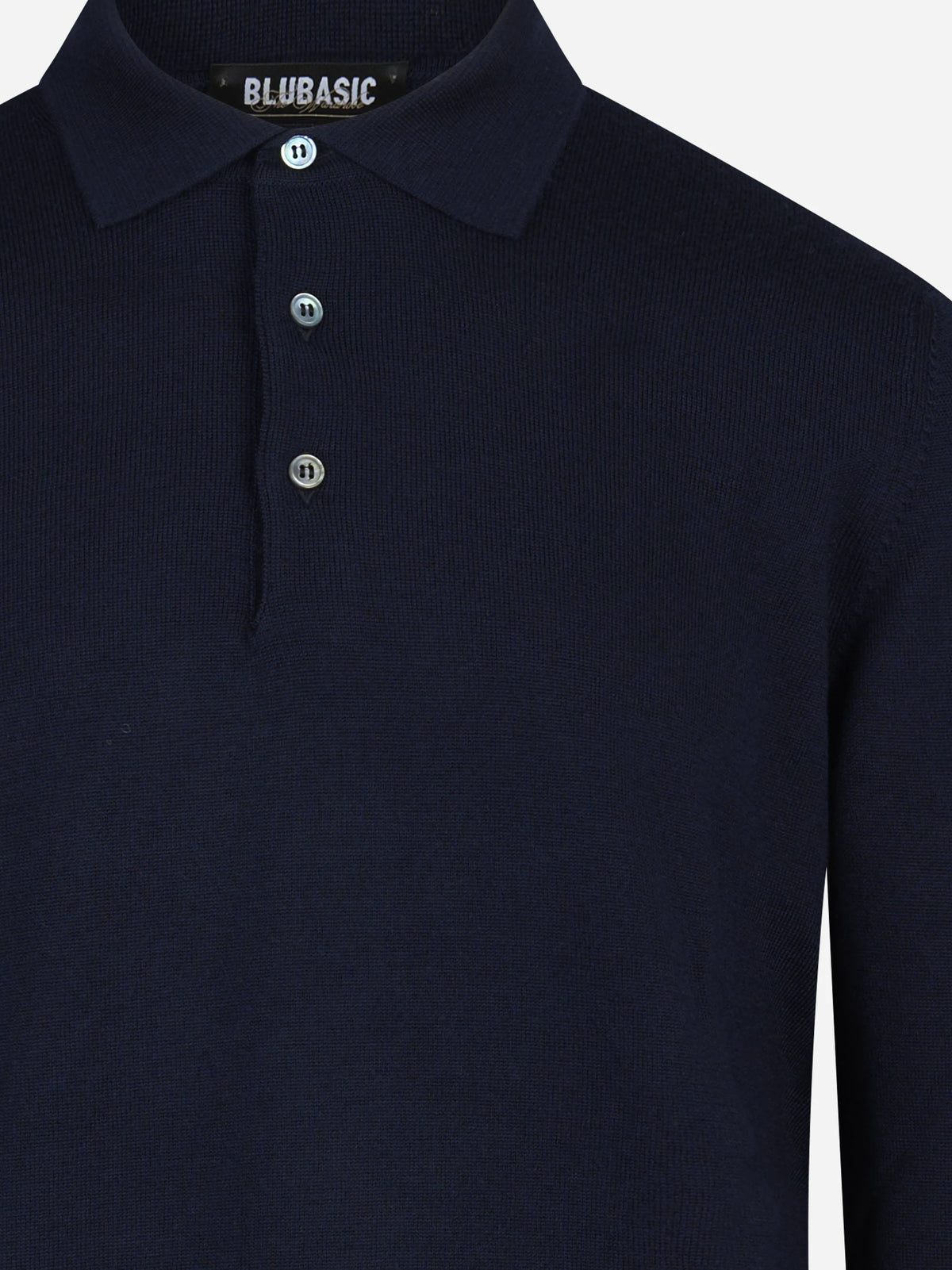 Polo a maniche lunghe in lana vergine blu - dettaglio