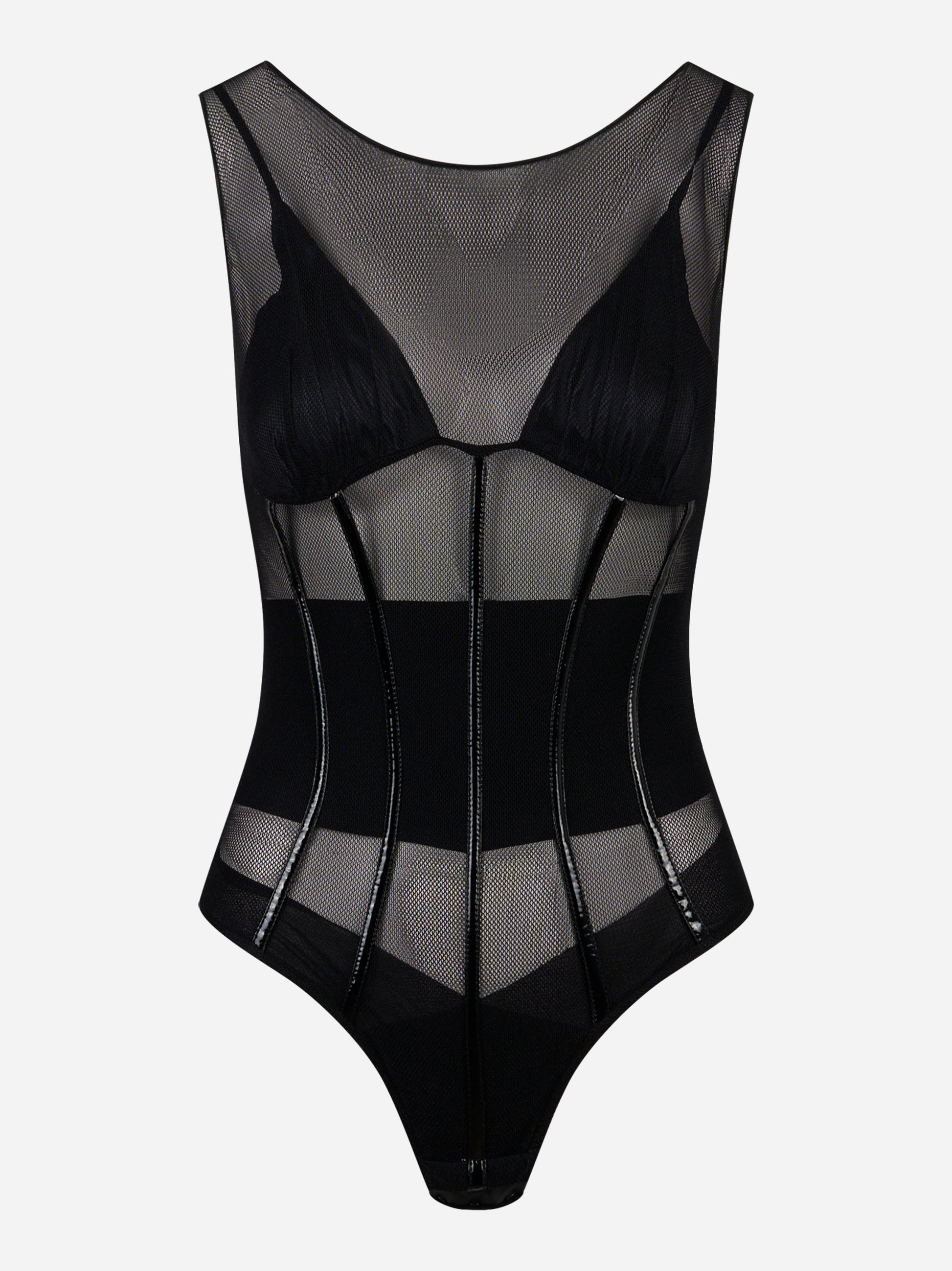 Body in tulle nero Elisabetta Franchi con inserti in vinile lucido, vista frontale