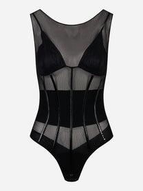 Body in tulle nero Elisabetta Franchi con inserti in vinile lucido, vista frontale