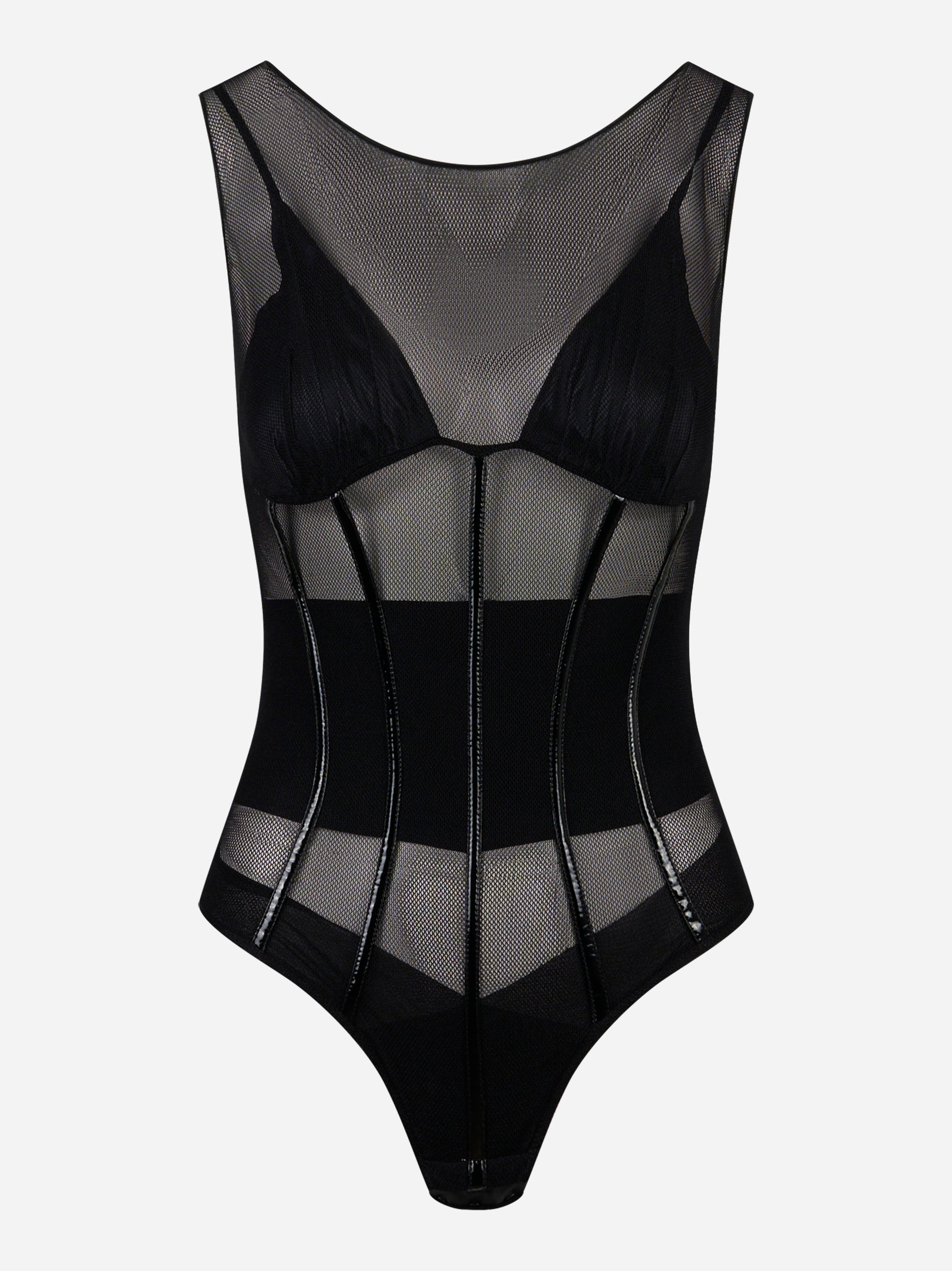 Body in tulle nero Elisabetta Franchi con inserti in vinile lucido, vista frontale