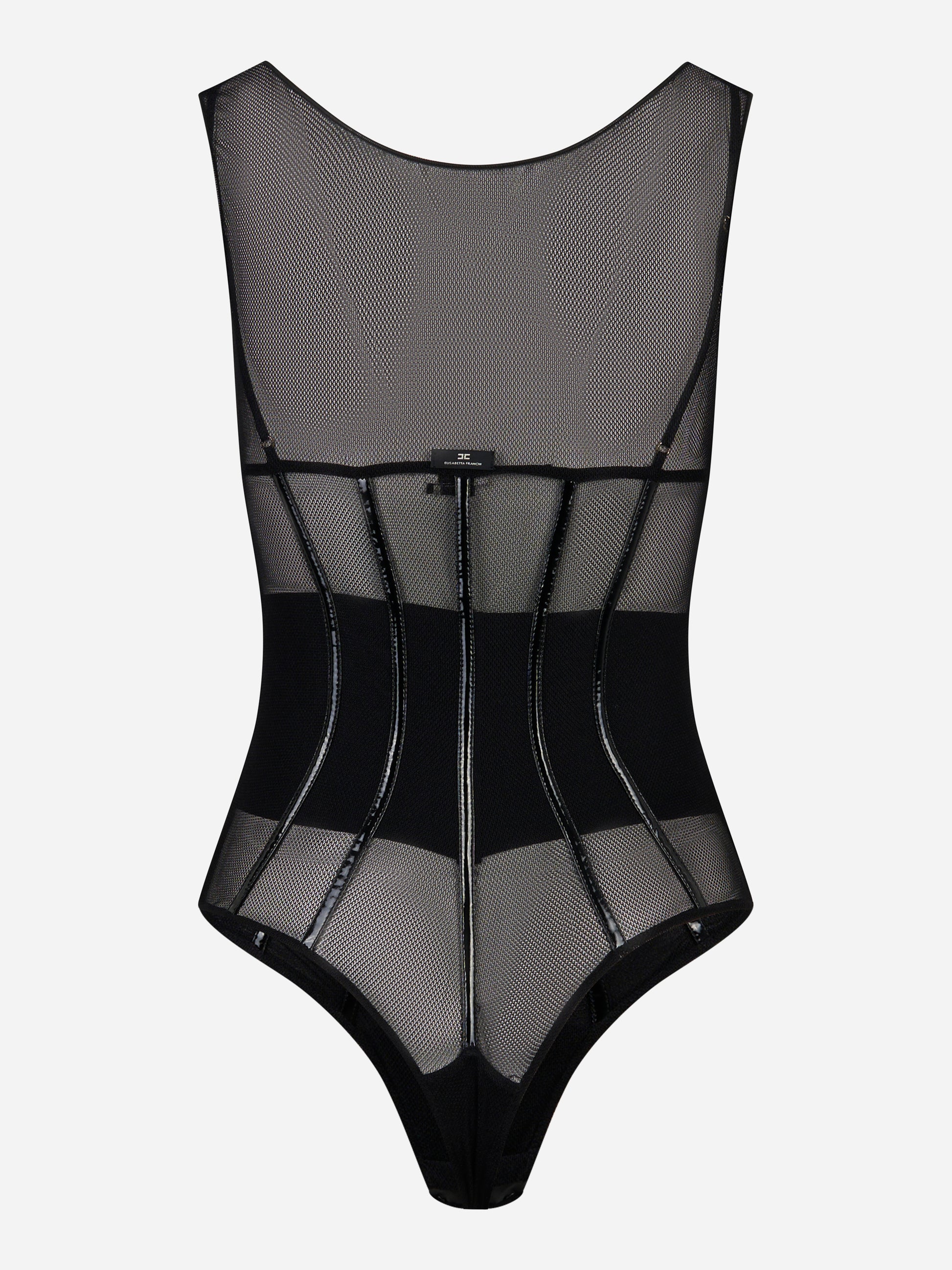 Body in tulle nero Elisabetta Franchi con chiusura posteriore e dettagli vinile, vista retro
