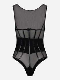 Body in tulle nero Elisabetta Franchi con chiusura posteriore e dettagli vinile, vista retro
