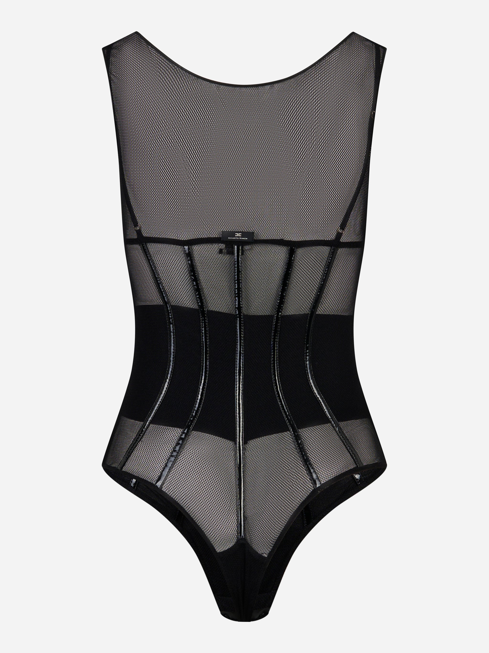 Body in tulle nero Elisabetta Franchi con chiusura posteriore e dettagli vinile, vista retro