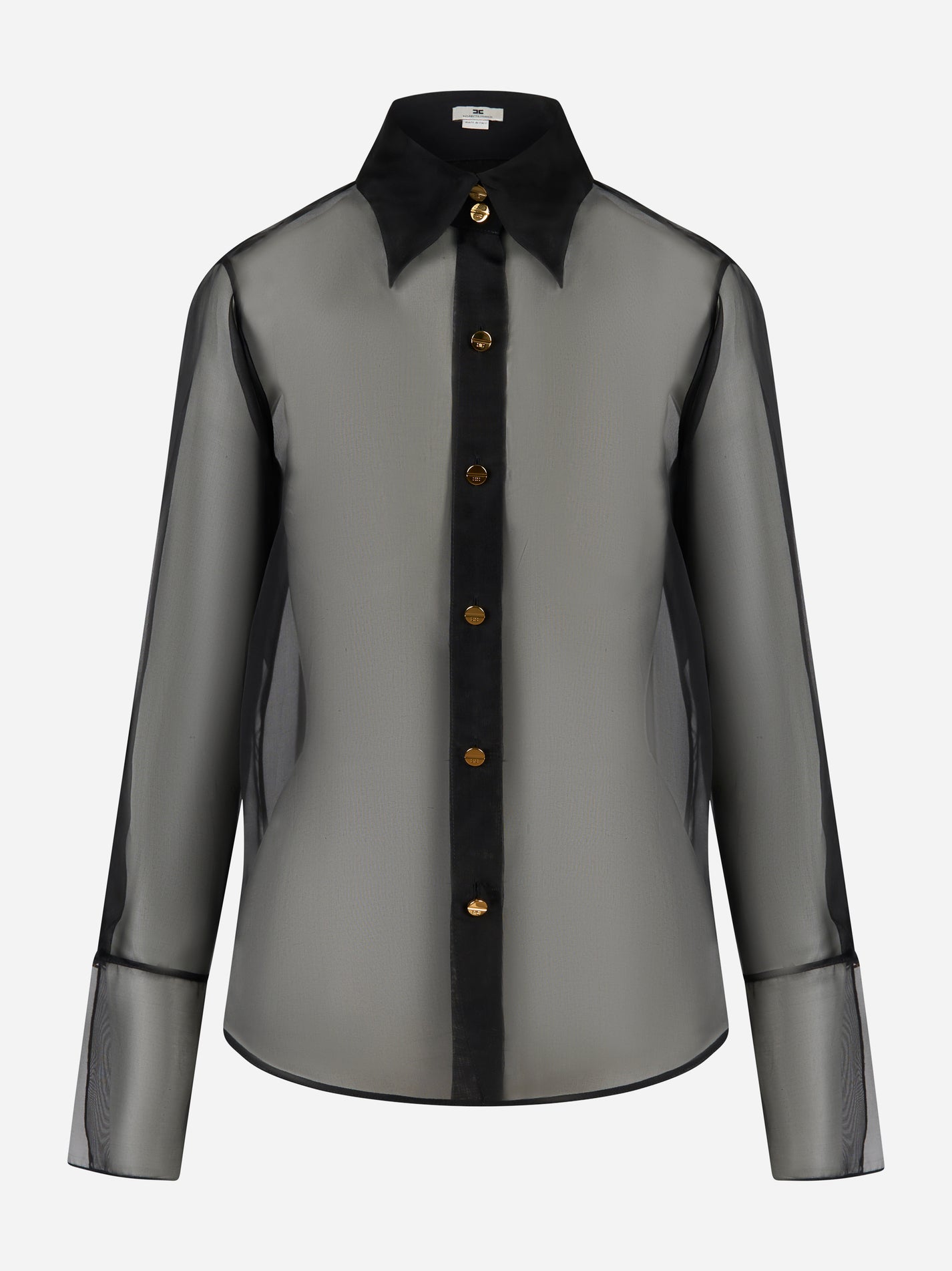 Camicia in organza nera Elisabetta Franchi con bottoni dorati e colletto a punta