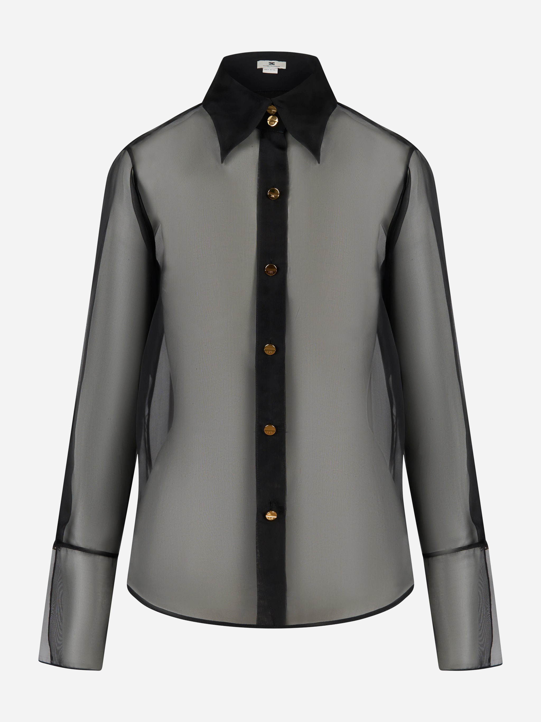 Camicia in organza nera Elisabetta Franchi con bottoni dorati e colletto a punta