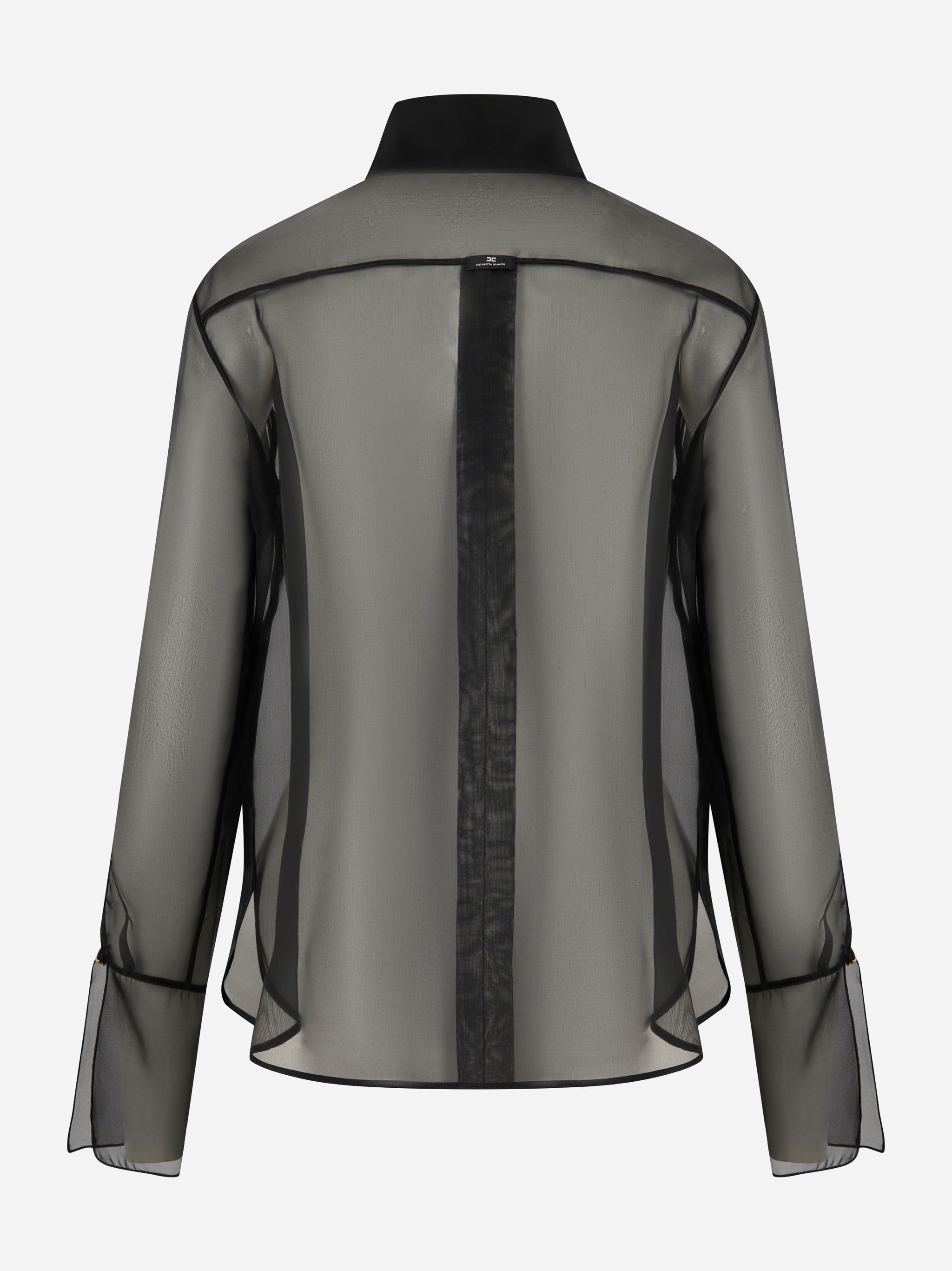 Retro della camicia in organza nera Elisabetta Franchi con dettagli trasparenti e zip ai polsi
