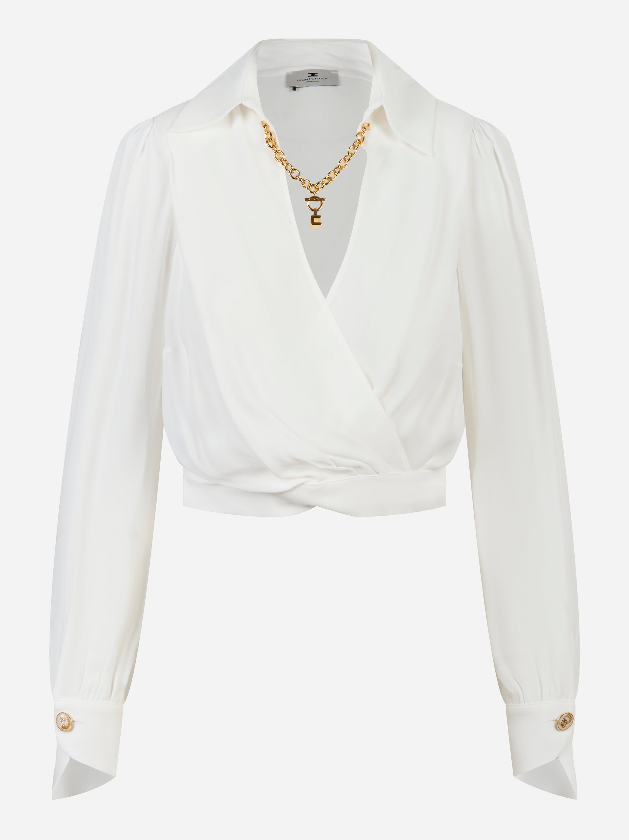 Camicia corta in georgette avorio Elisabetta Franchi con catena gioiello e maniche lunghe