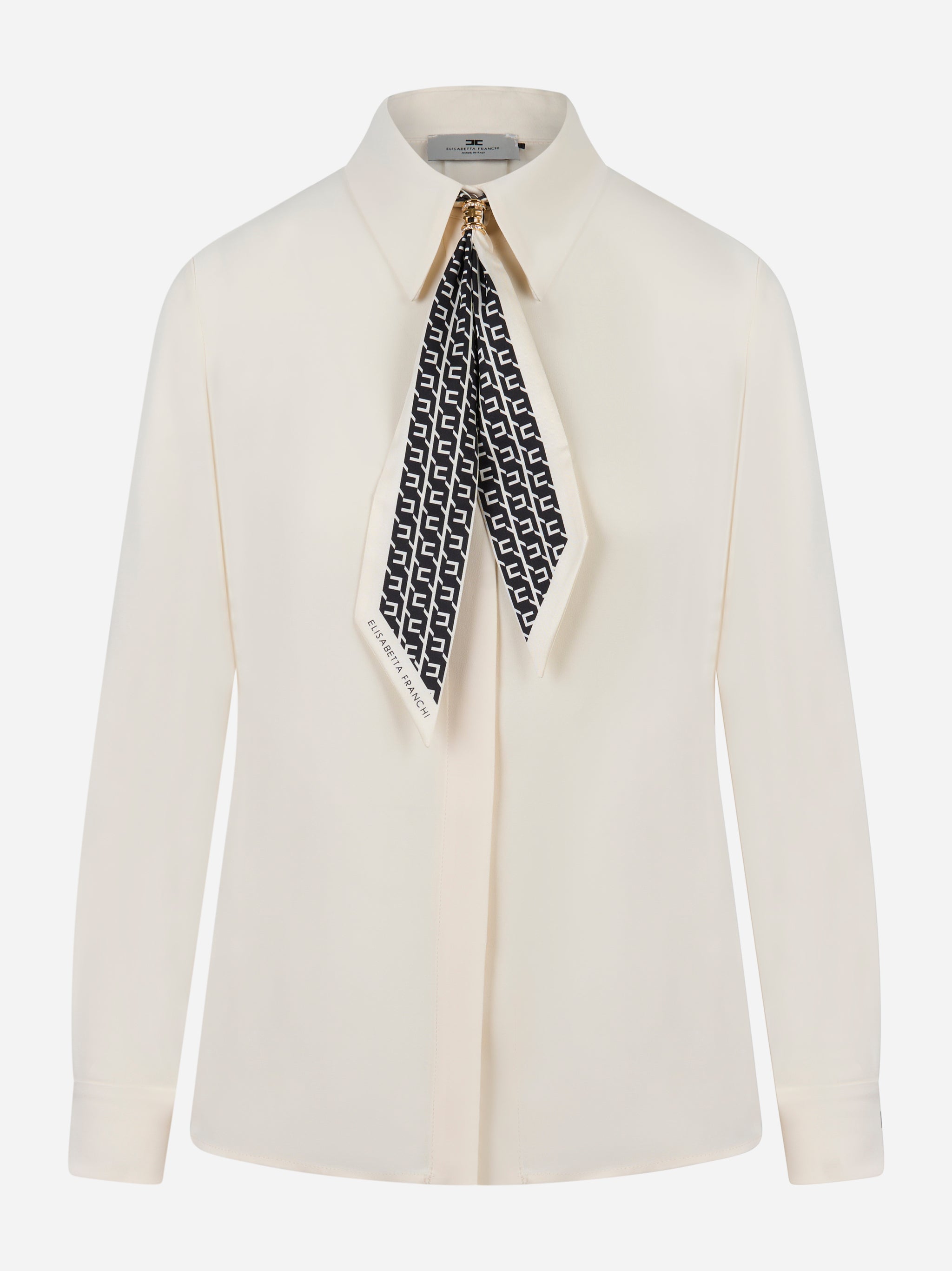 Camicia avorio in georgette di viscosa con foulard logato e dettaglio gioiello dorato – Elisabetta Franchi