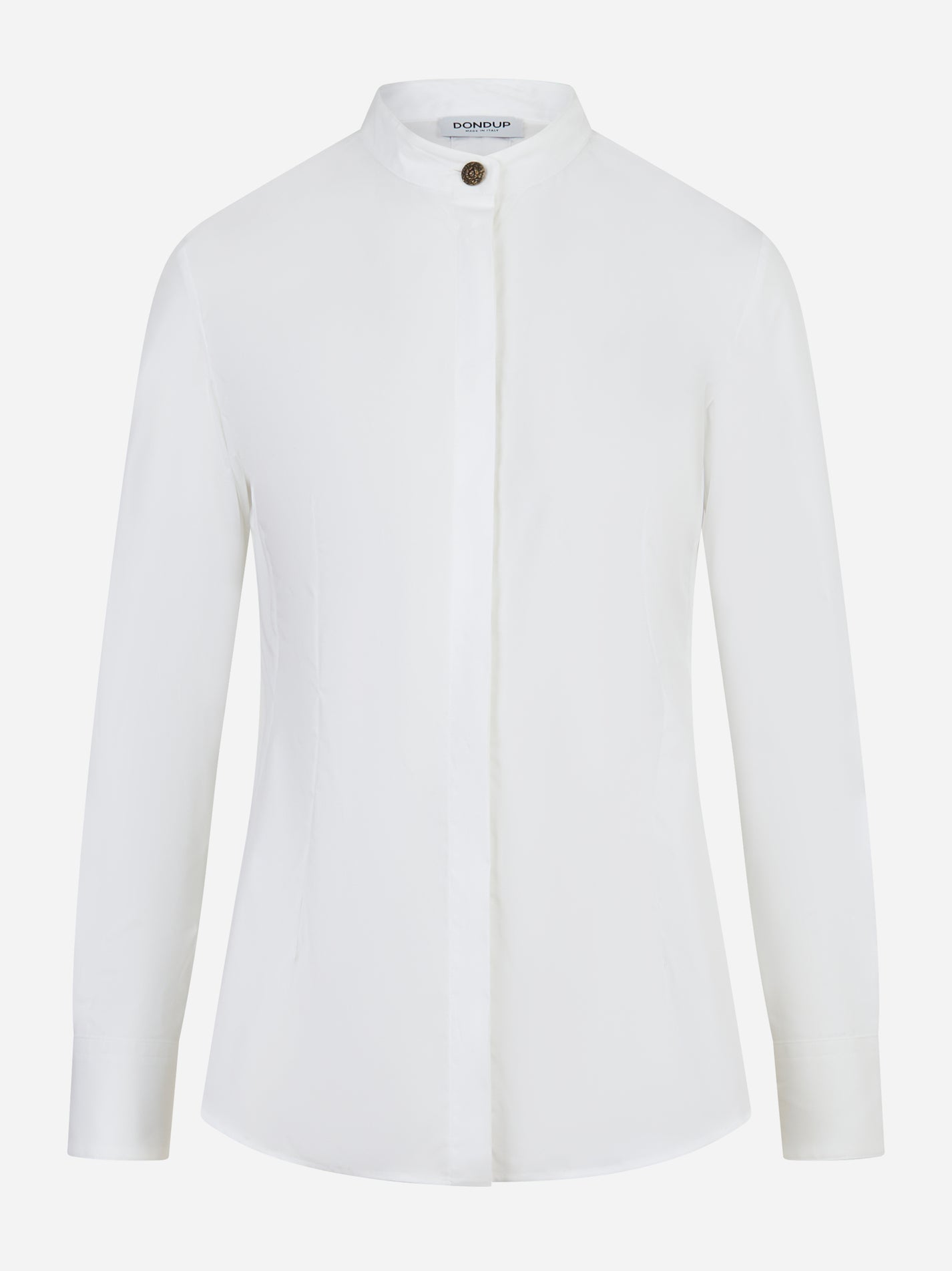 Camicia slim fit in popeline bianco con collo alla coreana e bottone gioiello - Dondup