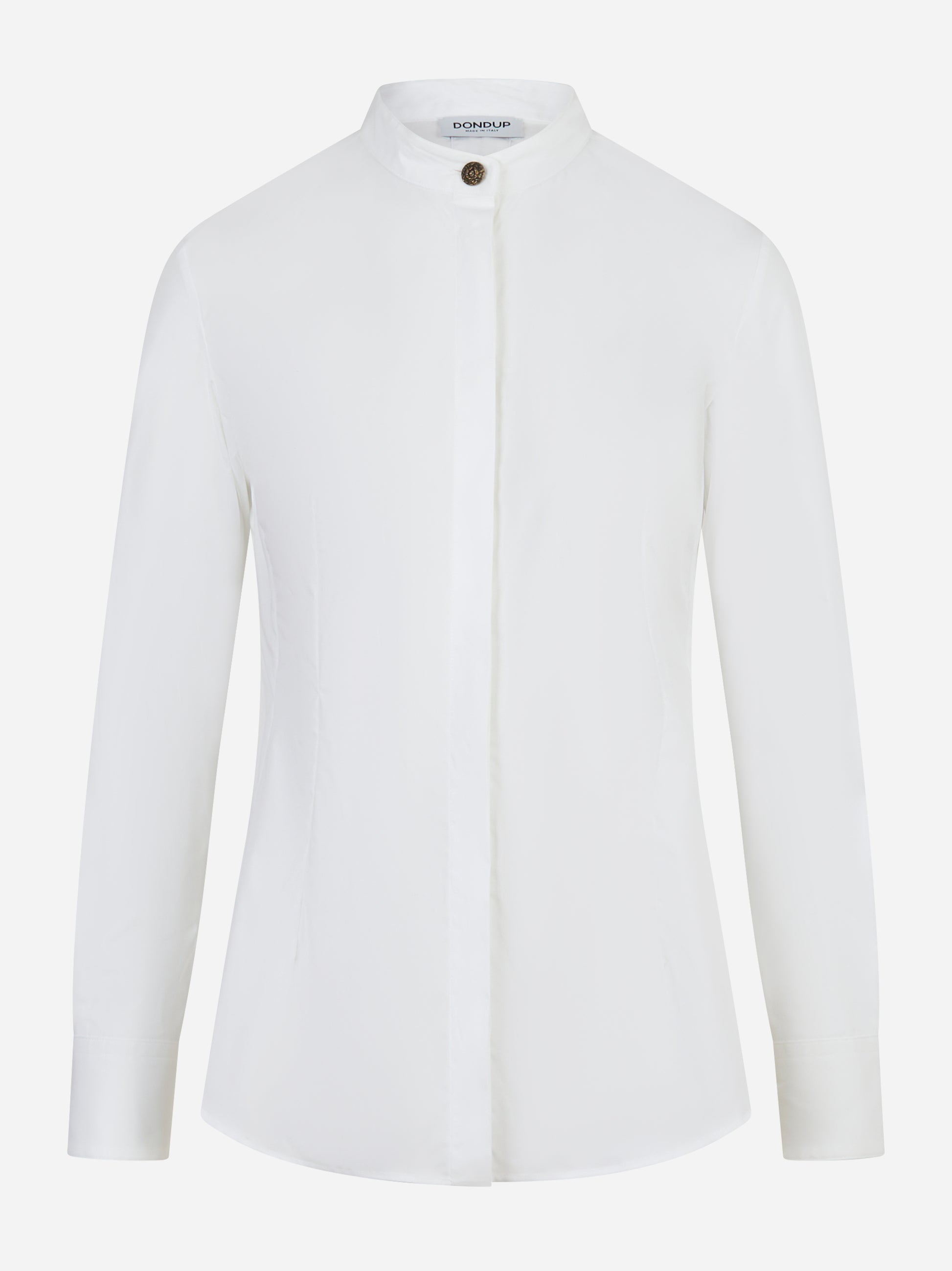 Camicia slim fit in popeline bianco con collo alla coreana e bottone gioiello - Dondup