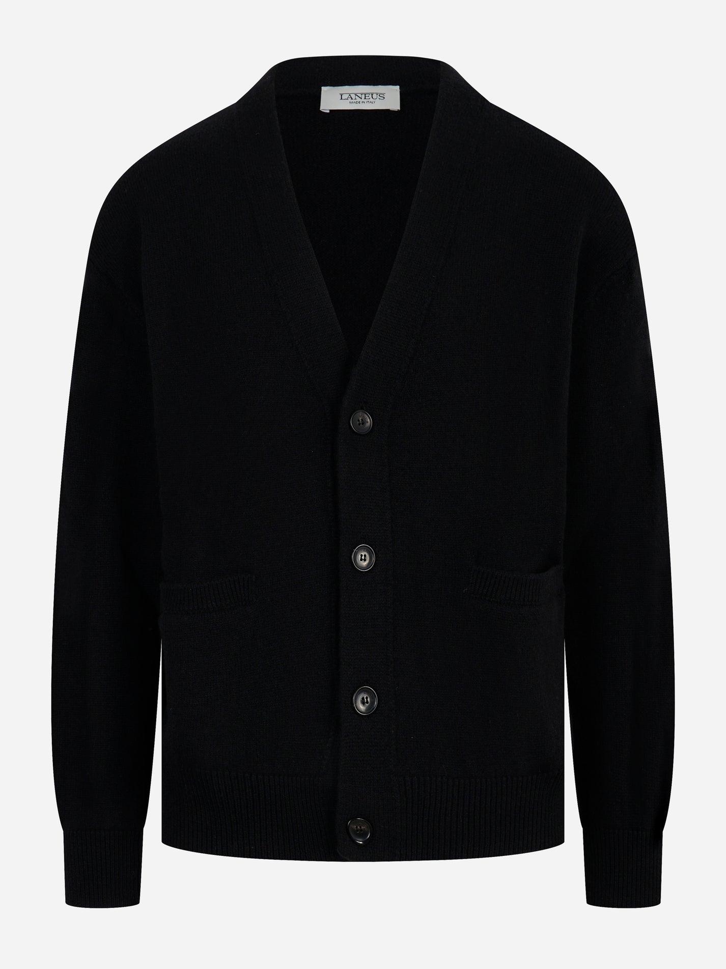 Cardigan LANEUS nero in lana merinos e cashmere, vista frontale