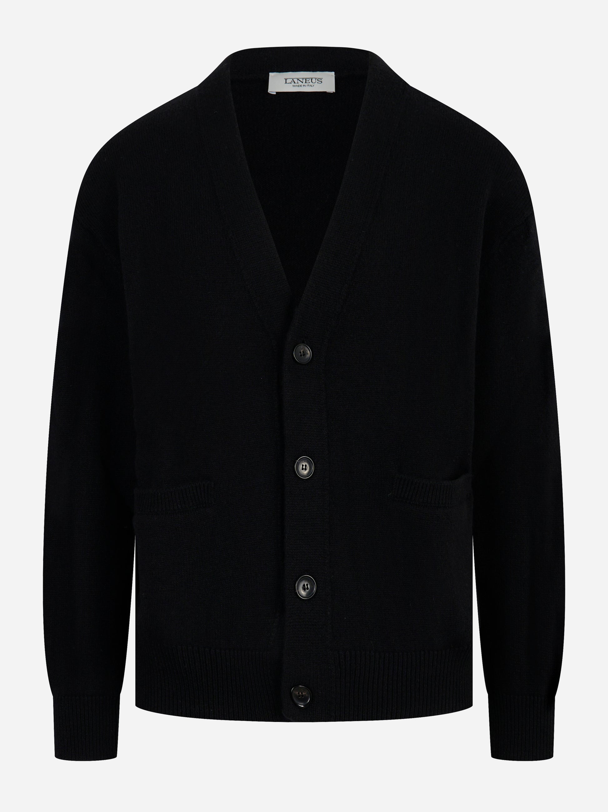 Cardigan LANEUS nero in lana merinos e cashmere, vista frontale